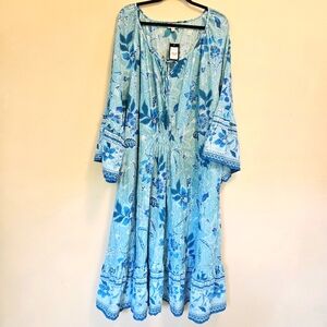 NWT Dress Women Sz 30/32 Kara Crush Blue Royal Blooms Maxi 100% Cotton Ruffle